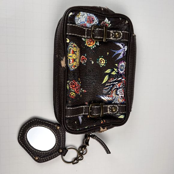 Vtg Red by Marc Ecko Sz 7"x5"x2" Handbag Clutch Buckles Brown Roses Crown Birds - Picture 2 of 16